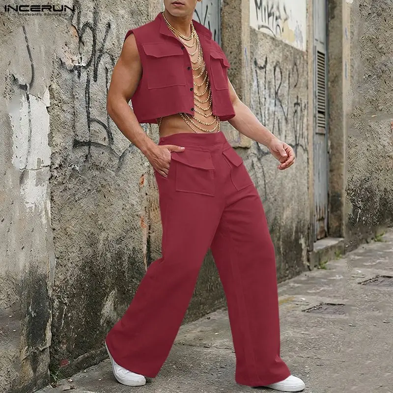 Summer Clothing Men Fashion - INCERUN Mannen Sets Solid Mouwloze Crop
